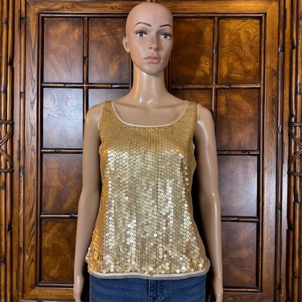 Anne Klein Gold Sequin Raw Cut Chiffon Trim Hidden Side Zip Tank Top *Rare*